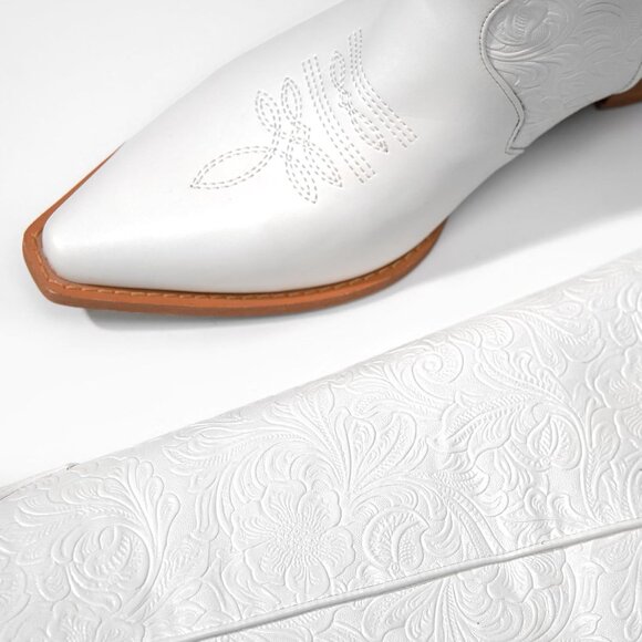 🆕Women White Faux Leather Pointed Toe Chunky Block Heel Vintage Western Boots - Picture 7 of 11